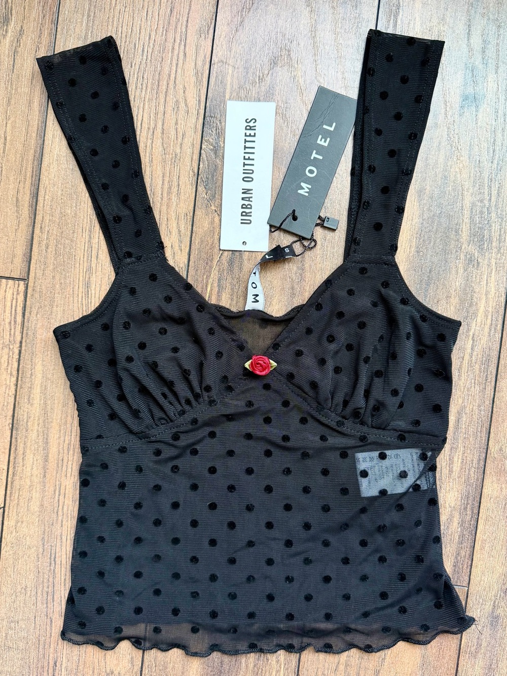 Urban Outfitters Motel Brietta Swiss Dot Polka Dot Mesh Crop Tank -Black -Size S